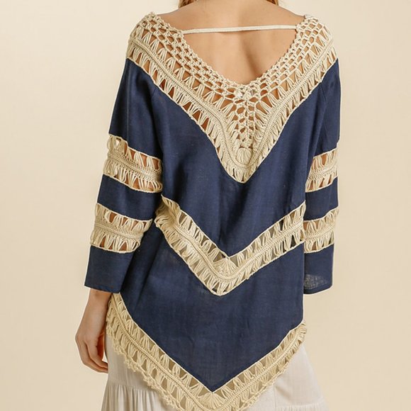 Umgee Long Sleeve Crochet Top Navy Blue - Picture 3 of 3
